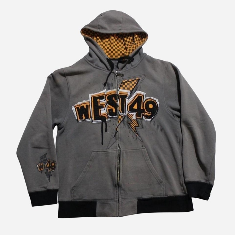 Mens Y2K West49 DC Style Distressed Faded Skater Checkerboard Zip-up Hoodie - Picture 2 of 8